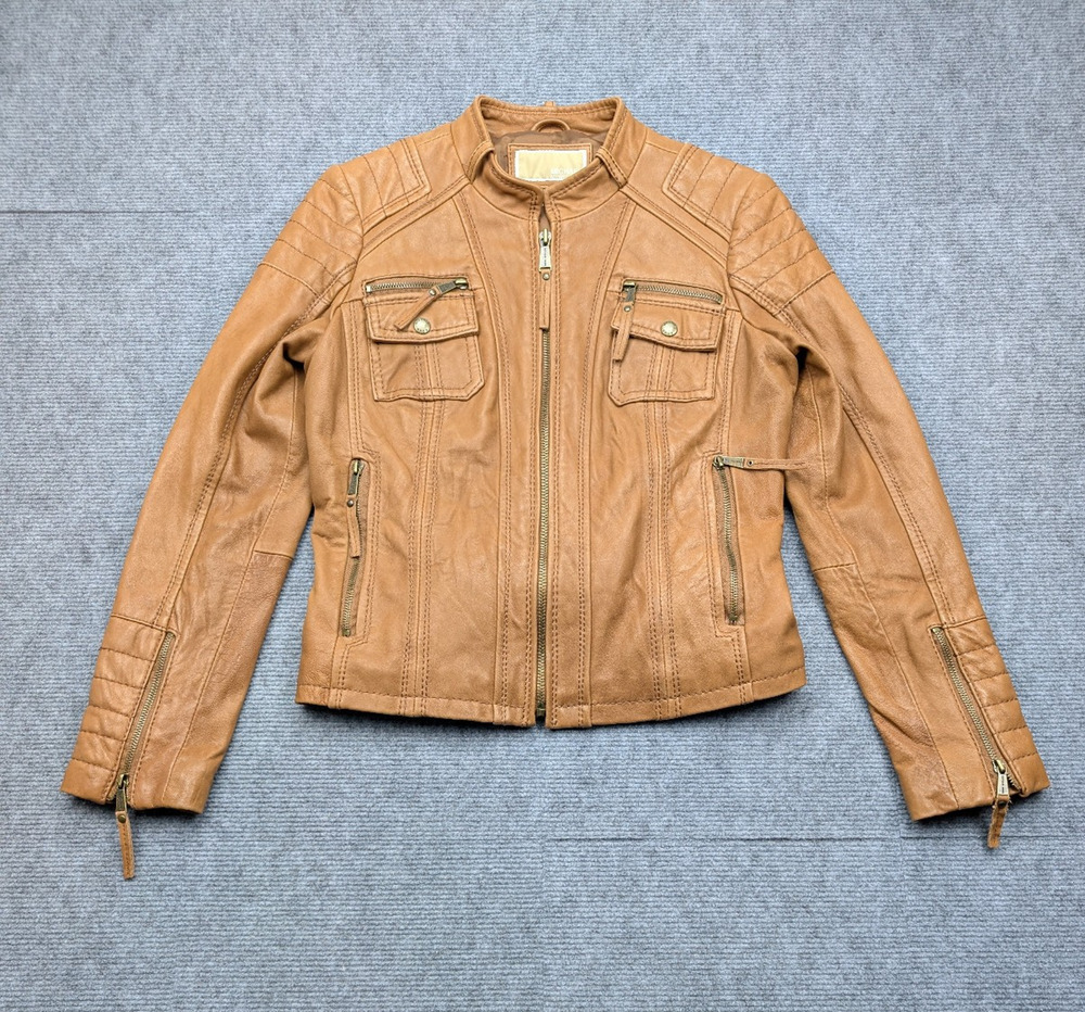 Michael Kors Leather Jacket Womens Small Brown Moto Biker Capsule Classic Soft